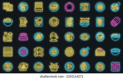 Austrian cuisine icons set outline vector. Strudel bakery. Cafe plate vector neon