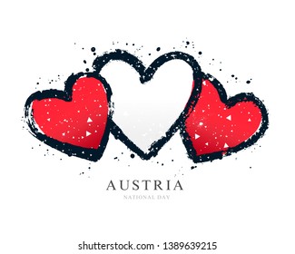 Austrian flag in the form of three hearts. Vector illustration on white background. Brush strokes drawn by hand. Independence Day in Austria.