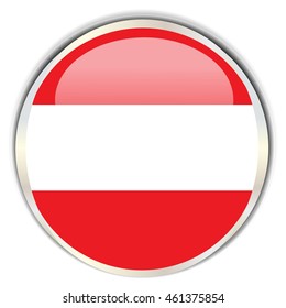 Austrian Flag. Glossy button with glare in bright round frame.