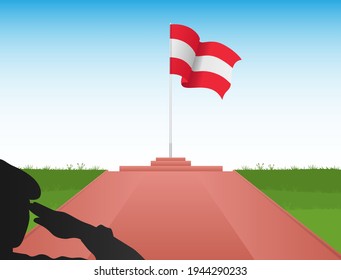 Austrian flag on a pole with the image of a soldier saluting the flag