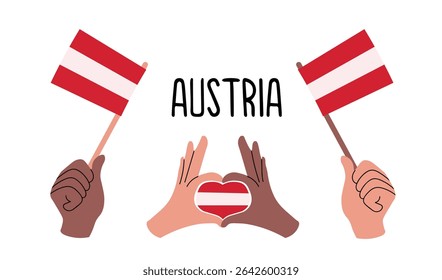 Austrian flags. Vector illustration of diverse hands holding Austrian flags and forming a heart with the Austrian flag. Symbol of unity, patriotism, love for Austria, celebration of national pride.	