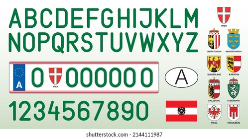 Austrian green car and electric cars license plate, letters, numbers and symbols, Austria, vector illustration