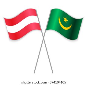 Austrian and Mauritanian crossed flags. Austria combined with Mauritania isolated on white. Language learning, international business or travel concept.