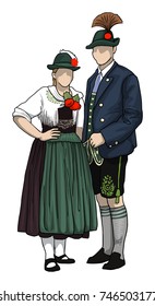 Austrian national costume couple, isolated on white, vector illustration