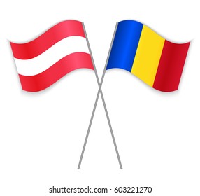 Austrian and Romanian crossed flags. Austria combined with Romania isolated on white. Language learning, international business or travel concept.