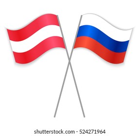 Austrian and Russian crossed flags. Austria combined with Russia isolated on white. Language learning, international business or travel concept.