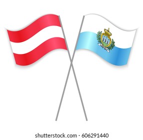 Austrian and Sammarinese crossed flags. Austria combined with San Marino isolated on white. Language learning, international business or travel concept.