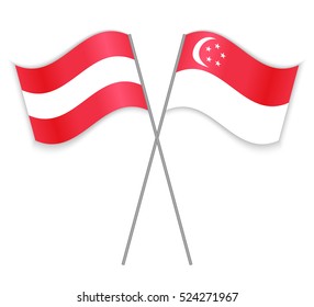 Austrian and Singapore crossed flags. Austria combined with Singapore isolated on white. Language learning, international business or travel concept.