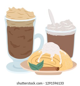 Austrian strudel, creamy coffee and chocolate dessert vector illustration. Roll with ice cream, cinnamon stick and leaves, cup of coffee, pudding isolated on white background