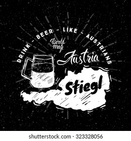 Austrian traditional type of wine with graphic elements on the map of Austria. Black background