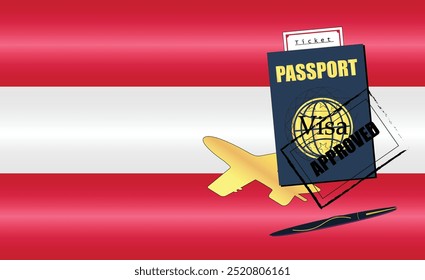 Austrian Travel Documentation Concept with blue Passport and Austria Flag. Approved Stamp. Airplane and Travel Tickets. Ideal for Immigration Tourism and Traveling Themes. Vector EPS available