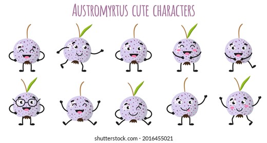 Austromyrtus fruit cute funny cheerful characters with different poses and emotions.