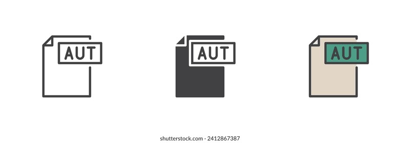 Archivo AUT conjunto de iconos de estilos diferentes. Línea, glifo y contorno relleno versión colorida, contorno y signo vectorial relleno. Símbolo, ilustración del logotipo. Gráficos vectoriales