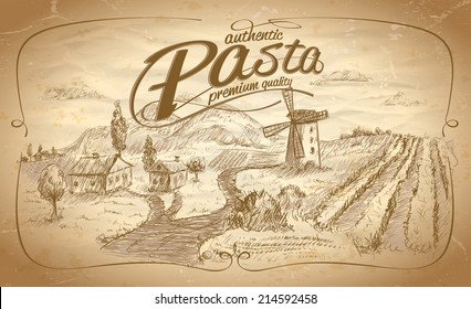 Autentic pasta label with rural landscape backdrop. Eps10