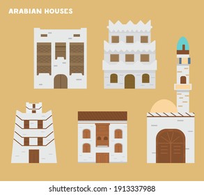 Authentic Ancient Arabian Houses Flat Vector Illustrations Set.