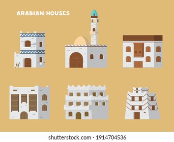 Authentic Ancient Arabian Houses Flat Vector Illustrations Set. Isolated On Beige Background.