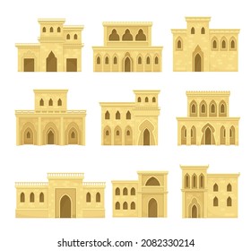 Authentic Arabian mud brick houses set. Middle East traditional architecture vector illustration