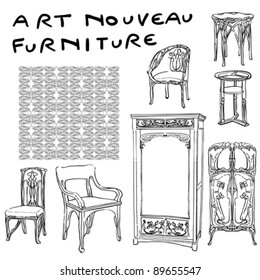 Authentic Art Nouveau Furniture Doodles And Jugendstil Motif Pattern, Isolated On White