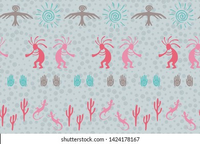 Authentic australian fashion vector ethnic tribal motifs seamless pattern. Mythical design with dancing god music spirit, wild nature, spiral signs. Australian healing deity pattern.