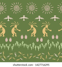 Authentic australian fashion vector ethnic tribal motifs seamless pattern. Mythical design with lizard, Kokopelli fertility deity, sun, eagle, cacti. Australian myth elements graphics.