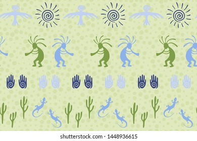 Authentic australian fashion vector ethnic tribal motifs seamless pattern. Aborigine design with humpbacked man playing flute musical instrument. Australian signs cute pattern.