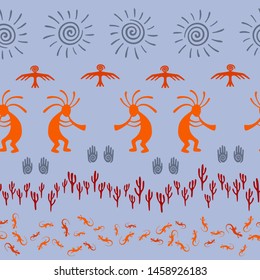 Authentic australian fashion vector ethnic tribal motifs seamless pattern. Mythical design with dancing god music spirit, wild nature, spiral signs. Australian aboriginal textile print.