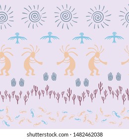 Authentic australian fashion vector ethnic tribal motifs seamless pattern. Traditional design with gecko, Kokopelli fertility god, sun, bird, cacti. Australian healing deity pattern.