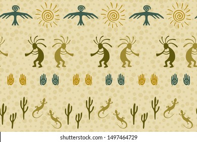 Authentic australian fashion vector ethnic tribal motifs seamless pattern. Mythical design with dancing god music spirit, wild nature, spiral signs. Australian healing deity pattern.