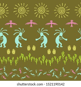 Authentic australian fashion vector ethnic tribal motifs seamless pattern. Mythical design with gecko, Kokopelli fertility god, sun, bird, cacti. Australian healing deity pattern.
