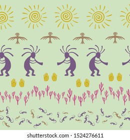 Authentic australian fashion vector ethnic tribal motifs seamless pattern. Traditional design with dancing god music spirit, wild nature, spiral signs. Australian ornament fabric prin.