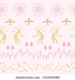 Authentic australian fashion vector ethnic tribal motifs seamless pattern. Folk design with dancing god music spirit, wild nature, spiral signs. Australian decorative background.