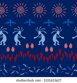 Authentic australian fashion vector ethnic tribal motifs seamless pattern. Aborigine design with gecko, Kokopelli fertility god, sun, bird, cacti. Australian decorative background.