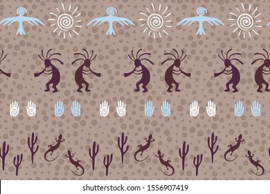 Authentic australian fashion vector ethnic tribal motifs seamless pattern. Folk design with trickster god, swirl icons on human palm, sun, eagle. Australian decorative background.