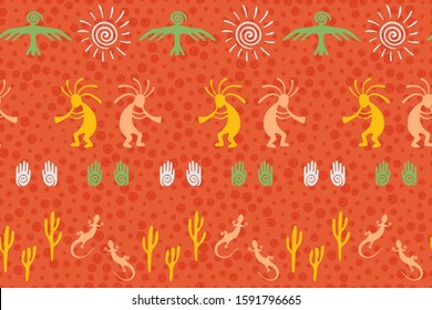 Authentic australian fashion vector ethnic tribal motifs seamless pattern. Folk design with lizard, Kokopelli fertility deity, sun, eagle, cacti. Australian myth elements graphics.