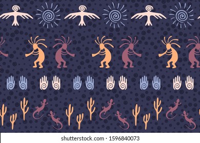 Authentic australian fashion vector ethnic tribal motifs seamless pattern. Aborigine design with gecko, Kokopelli fertility god, sun, bird, cacti. Australian decorative background.