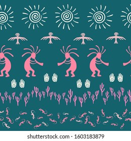 Authentic australian fashion vector ethnic tribal motifs seamless pattern. Mythical design with gecko, Kokopelli fertility god, sun, bird, cacti. Australian ornament fabric prin.