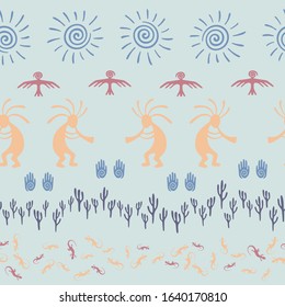 Authentic australian fashion vector ethnic tribal motifs seamless pattern. Aborigine design with gecko, Kokopelli fertility god, sun, bird, cacti. Australian desert wildlife pattern.