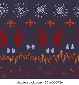 Authentic australian fashion vector ethnic tribal motifs seamless pattern. Traditional design with trickster god, swirl icons on human palm, sun, eagle. Australian elements modern pattern.