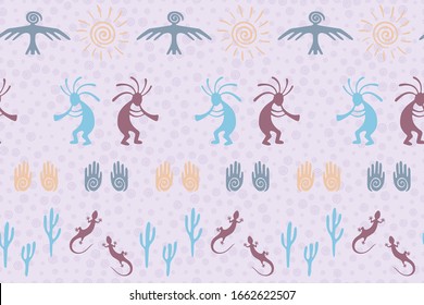 Authentic australian fashion vector ethnic tribal motifs seamless pattern. Folk design with trickster god, swirl icons on human palm, sun, eagle. Australian ornament fabric prin.