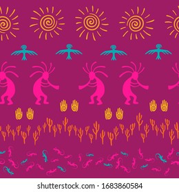 Authentic australian fashion vector ethnic tribal motifs seamless pattern. Mythical design with dancing god music spirit, wild nature, spiral signs. Australian art abstract pattern.