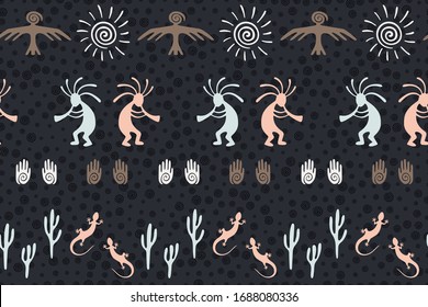 Authentic australian fashion vector ethnic tribal motifs seamless pattern. Traditional design with humpbacked man playing flute musical instrument. Australian elements modern pattern.