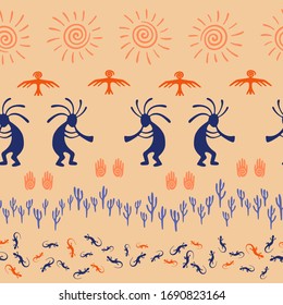 Authentic australian fashion vector ethnic tribal motifs seamless pattern. Mythical design with trickster god, swirl icons on human palm, sun, eagle. Australian ornament fabric prin.