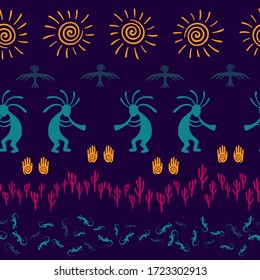 Authentic australian fashion vector ethnic tribal motifs seamless pattern. Folk design with lizard, Kokopelli fertility deity, sun, eagle, cacti. Australian art abstract pattern.