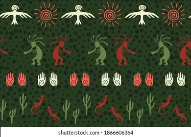 Authentic australian fashion vector ethnic tribal motifs seamless pattern. Folk design with gecko, Kokopelli fertility god, sun, bird, cacti. Australian ornament fabric prin.