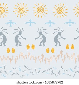 Authentic australian fashion vector ethnic tribal motifs seamless pattern. Aborigine design with gecko, Kokopelli fertility god, sun, bird, cacti. Australian character illustration.