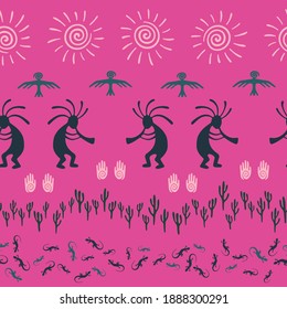 Authentic australian fashion vector ethnic tribal motifs seamless pattern. Aborigine design with lizard, Kokopelli fertility deity, sun, eagle, cacti. Australian aboriginal textile print.