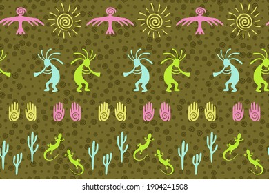 Authentic australian fashion vector ethnic tribal motifs seamless pattern. Folk design with trickster god, swirl icons on human palm, sun, eagle. Australian ornament fabric prin.