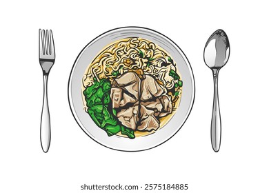 Authentic Bakso with Noodles and Vegetables.