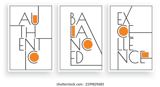 Authentic Balanced Excellence, vector. Wording design, lettering. Three pieces Scandinavian minimalist poster design. Motivational, inspirational life quotes