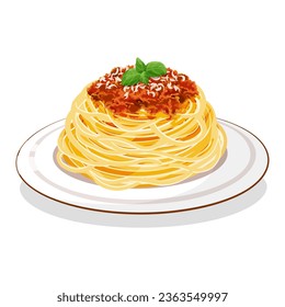 Authentic Bolognese spaghetti with minced meat, tomato sauce, grated cheese decorated with basil leaves. Food vector illustration on white background. Italian pasta.